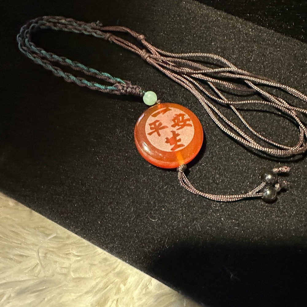 Vintage Double Sided Etched Carnelian Pendant Silk Cord Necklace